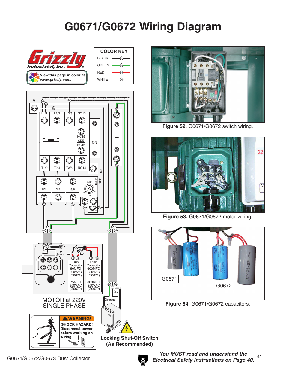 Bdidgvi''%k h>c<a:e=6h, Locking shut-off switch (as recommended), Color key | Grizzly G0673 User Manual | Page 43 / 56