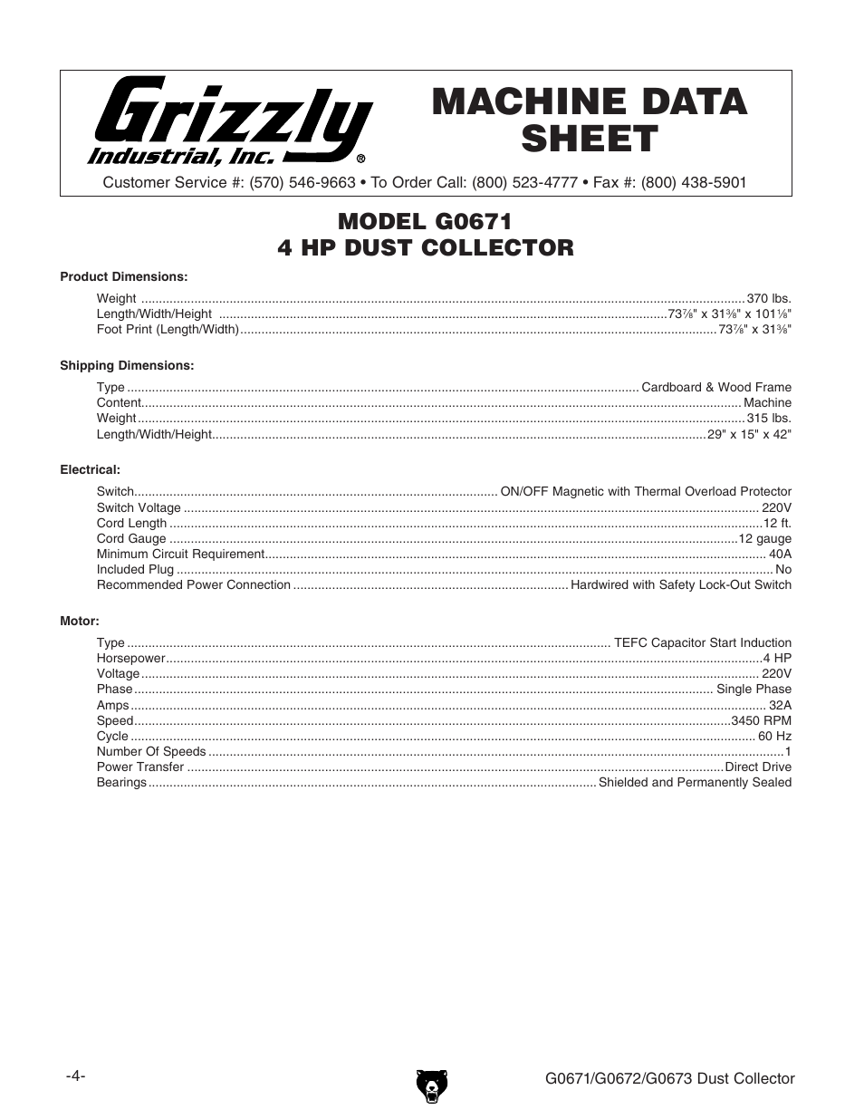 Machine data sheet | Grizzly G0673 User Manual | Page 6 / 56