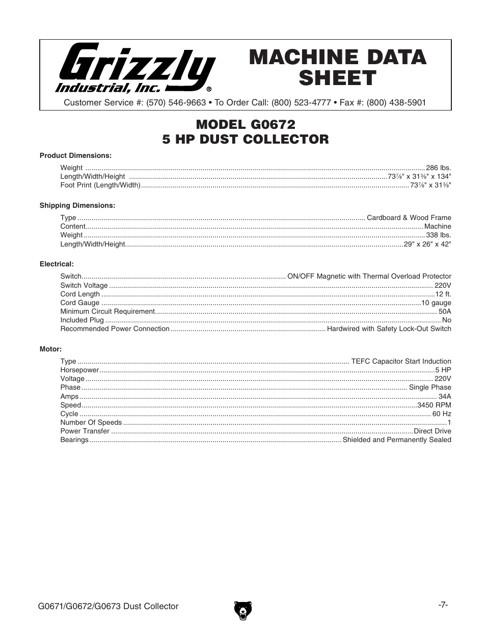 Machine data sheet | Grizzly G0673 User Manual | Page 9 / 56