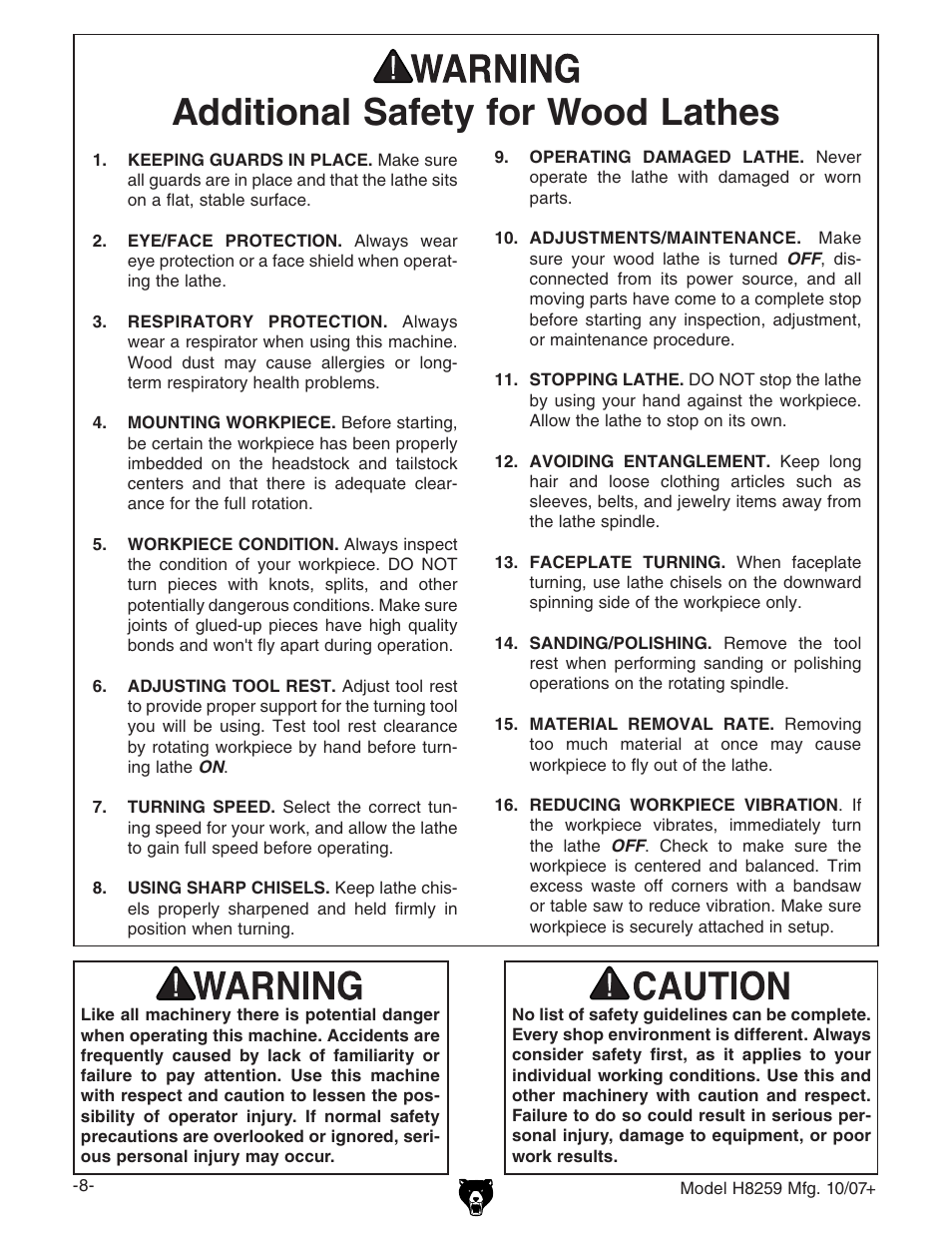 Additional safety for wood lathes | Grizzly 10" x 18" benchtop lathe H8259 User Manual | Page 10 / 36