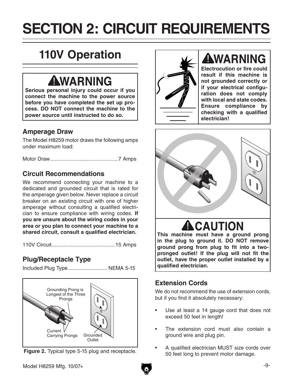 110v operation | Grizzly 10" x 18" benchtop lathe H8259 User Manual | Page 11 / 36