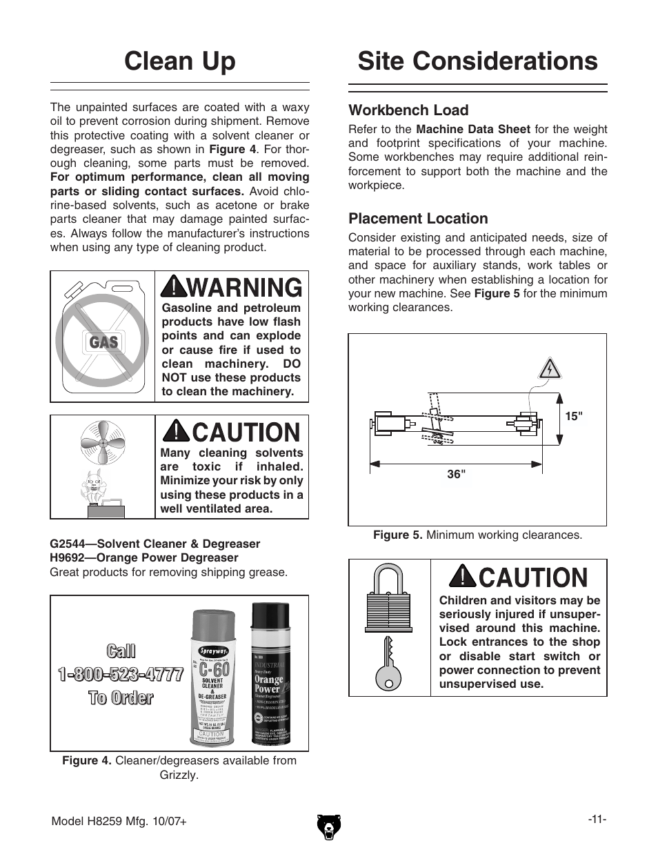 Site considerations, Clean up | Grizzly 10" x 18" benchtop lathe H8259 User Manual | Page 13 / 36