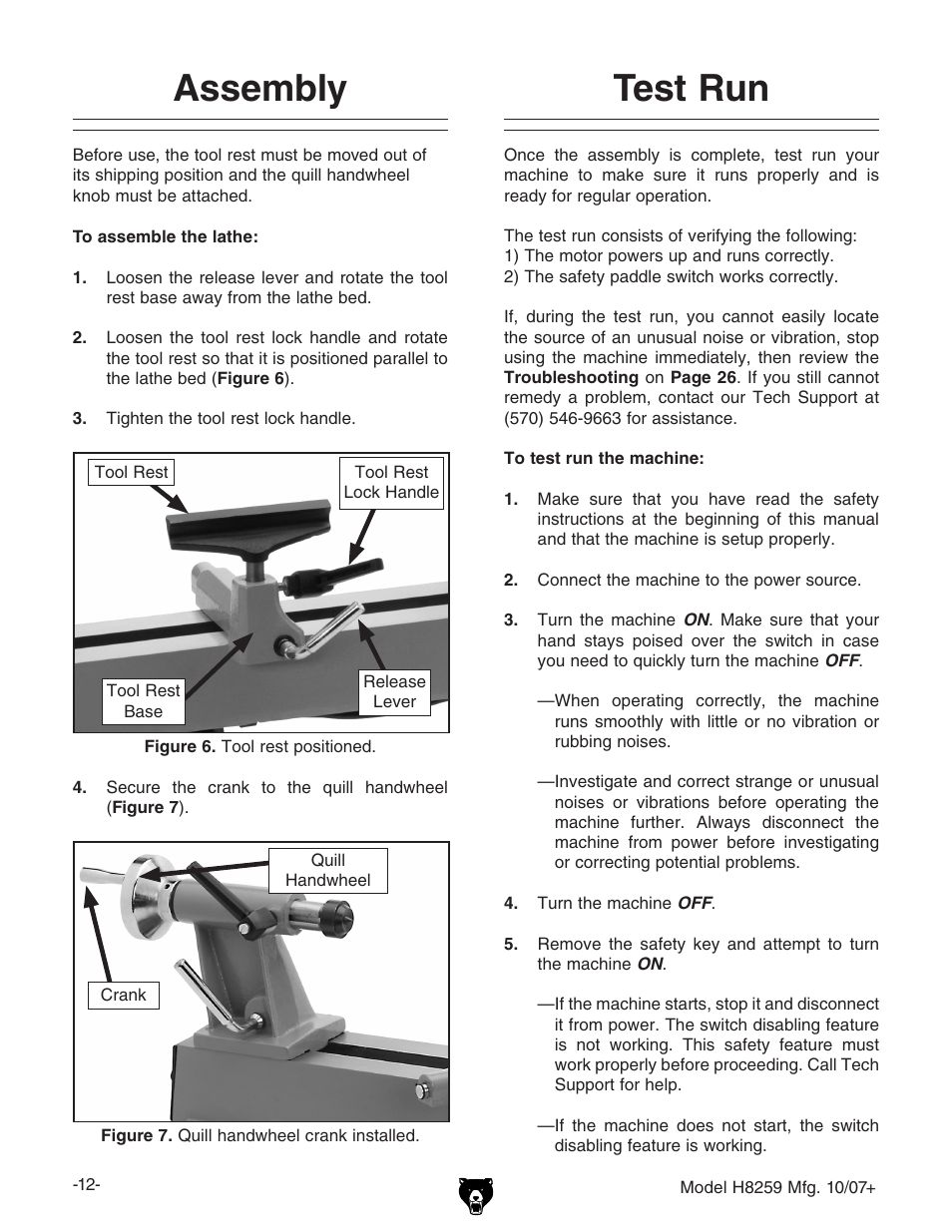 Assembly, Test run | Grizzly 10" x 18" benchtop lathe H8259 User Manual | Page 14 / 36