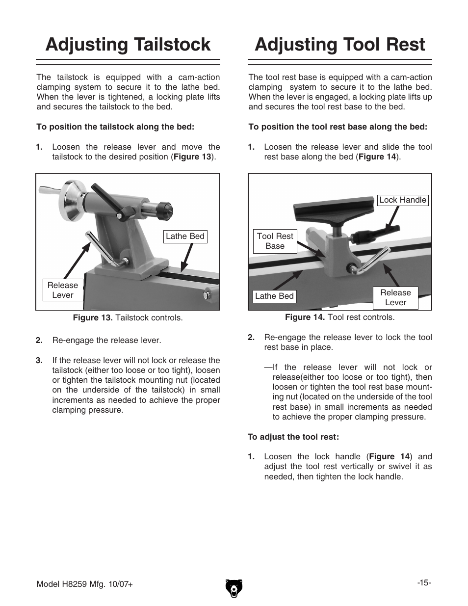 Adjusting tailstock, Adjusting tool rest | Grizzly 10" x 18" benchtop lathe H8259 User Manual | Page 17 / 36