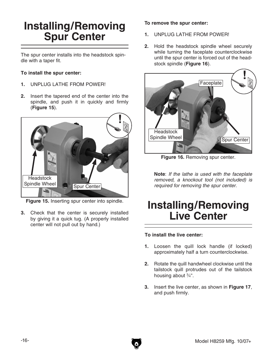 Installing/removing spur center, Installing/removing live center | Grizzly 10" x 18" benchtop lathe H8259 User Manual | Page 18 / 36