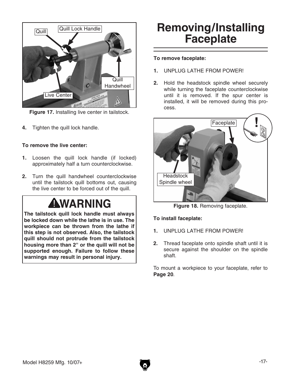 Removing/installing faceplate | Grizzly 10" x 18" benchtop lathe H8259 User Manual | Page 19 / 36
