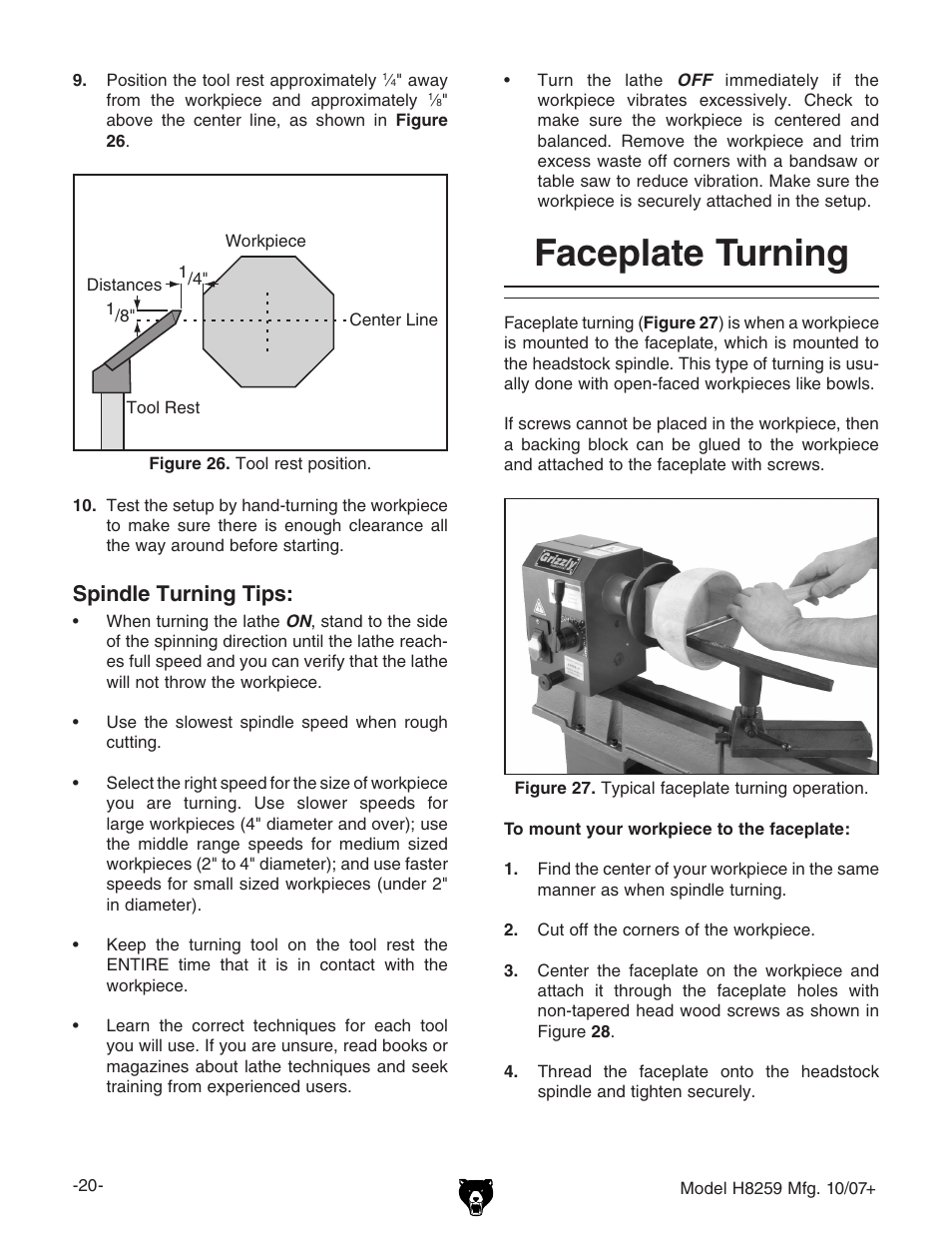 Faceplate turning, Spindle turning tips | Grizzly 10" x 18" benchtop lathe H8259 User Manual | Page 22 / 36