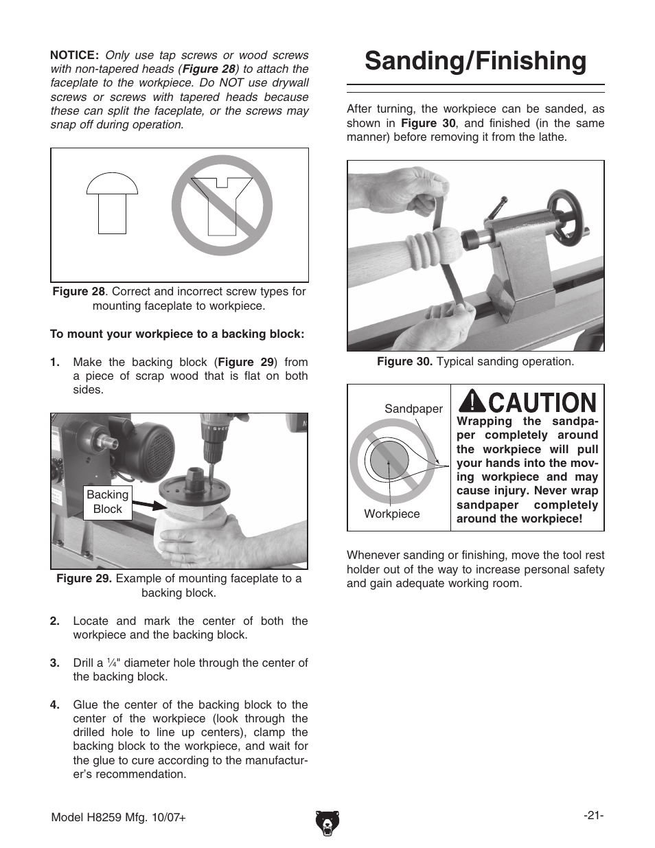 Sanding/finishing | Grizzly 10" x 18" benchtop lathe H8259 User Manual | Page 23 / 36