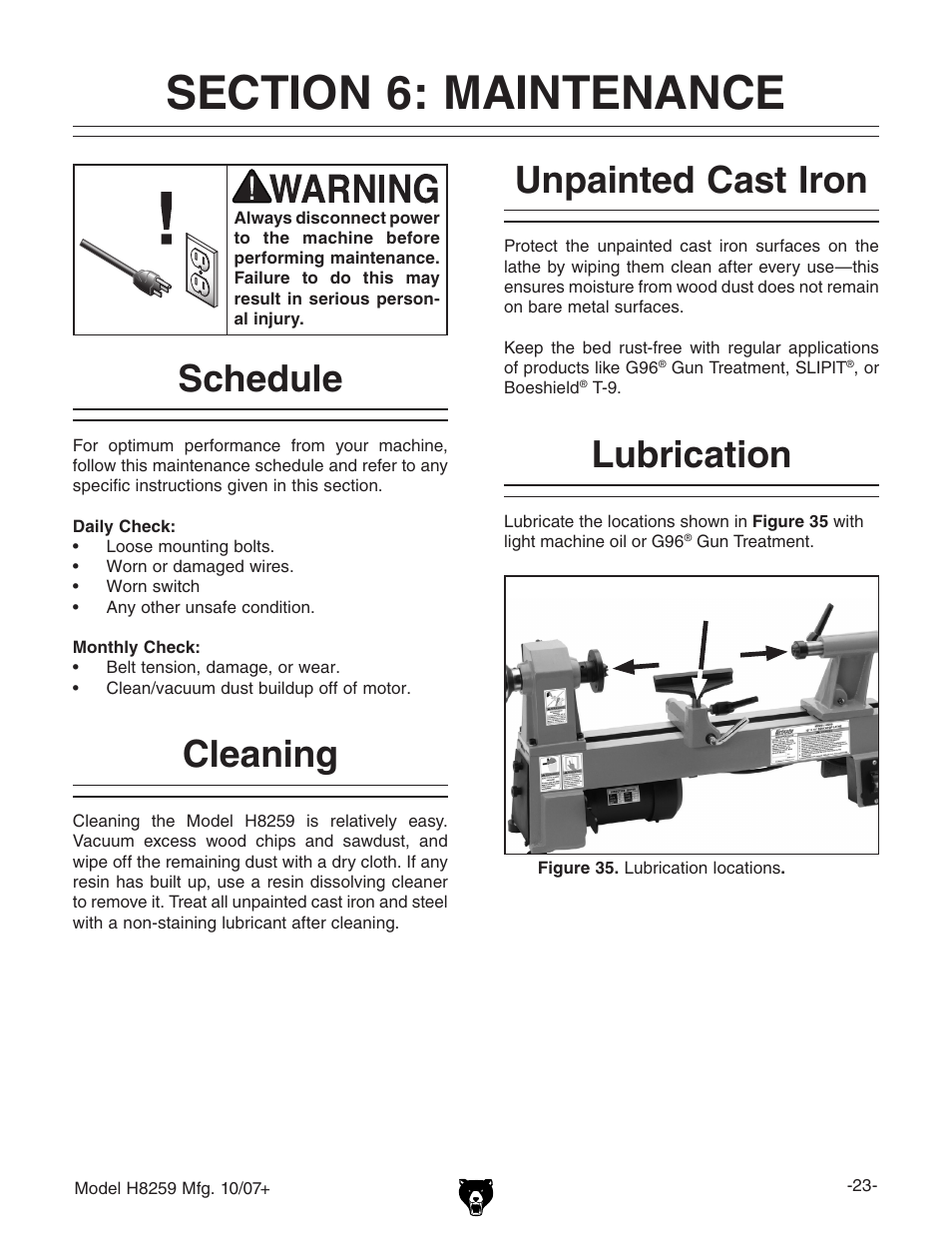 Schedule, Cleaning, Unpainted cast iron | Lubrication | Grizzly 10" x 18" benchtop lathe H8259 User Manual | Page 25 / 36