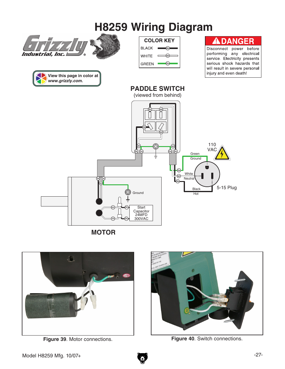 H8259 wiring diagram, Paddle switch, Motor | Grizzly 10" x 18" benchtop lathe H8259 User Manual | Page 29 / 36