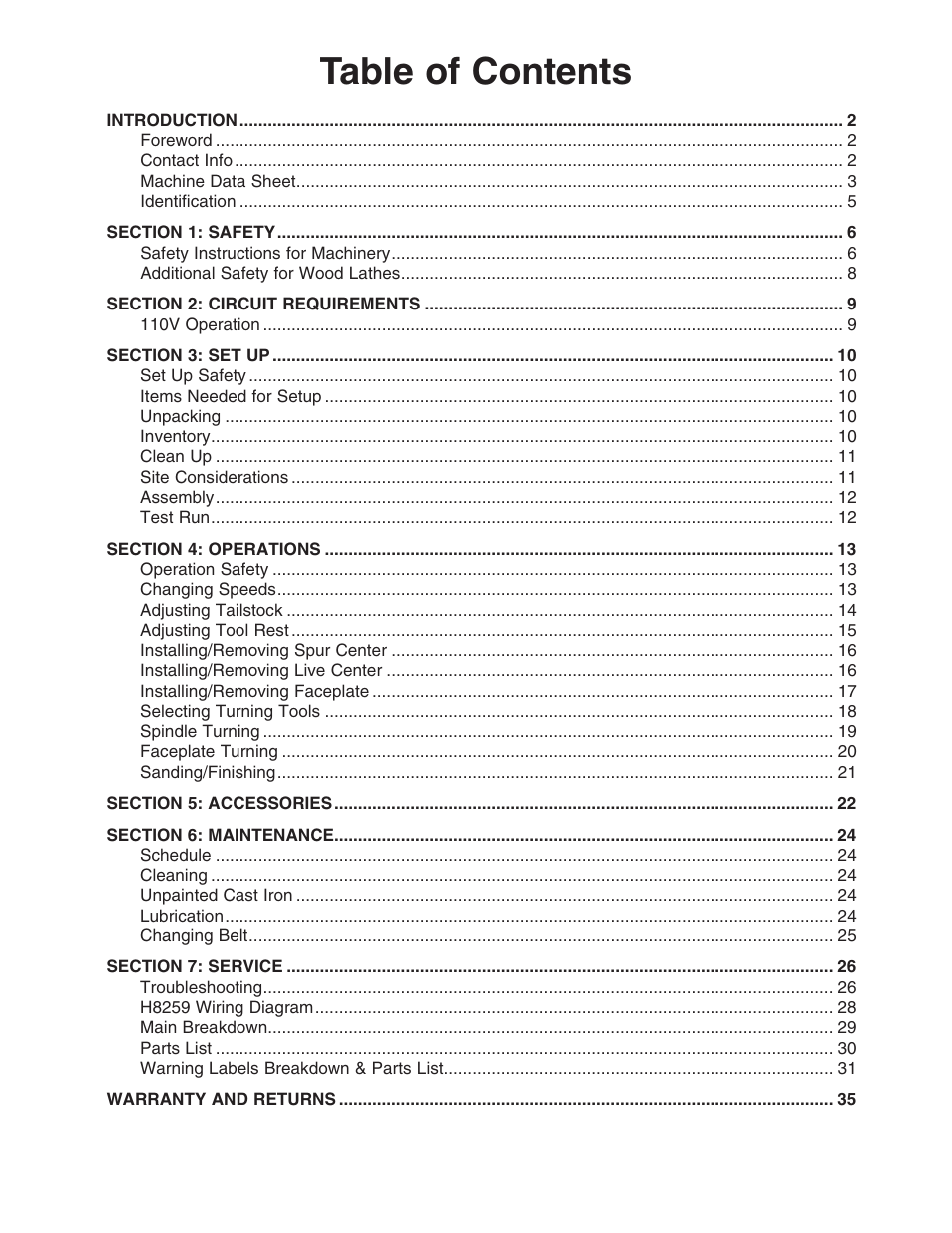 Grizzly 10" x 18" benchtop lathe H8259 User Manual | Page 3 / 36