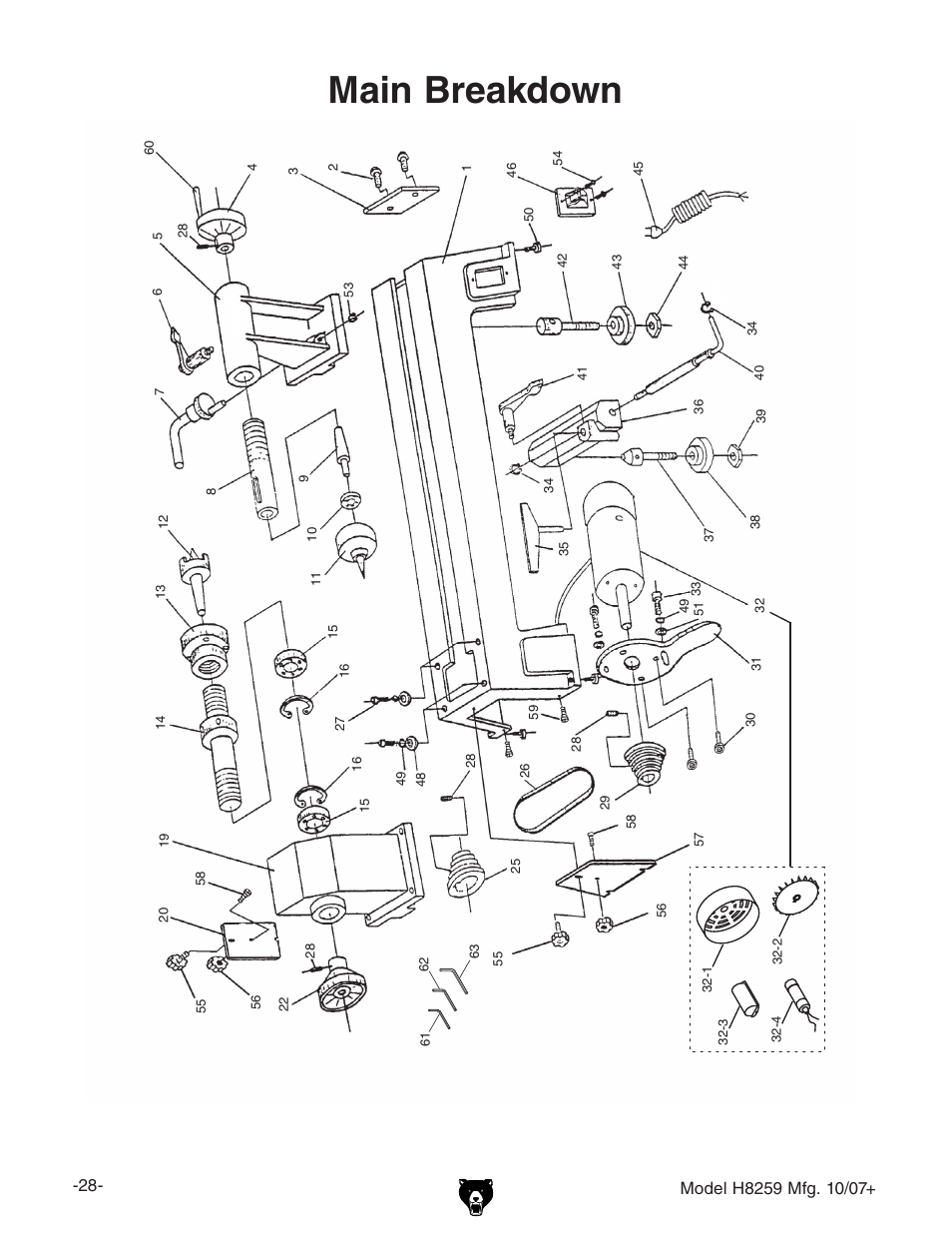 Main breakdown | Grizzly 10" x 18" benchtop lathe H8259 User Manual | Page 30 / 36