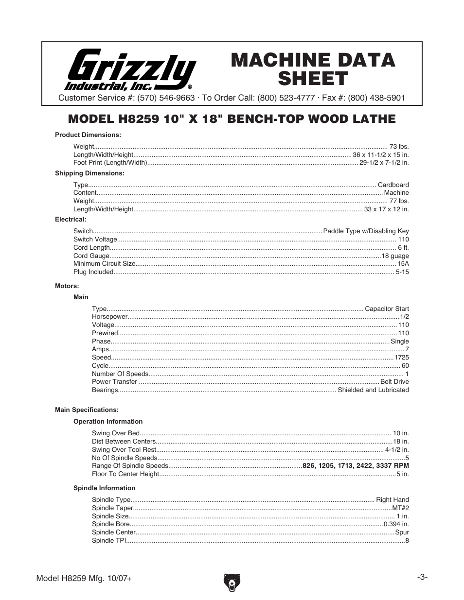 Machine data sheet | Grizzly 10" x 18" benchtop lathe H8259 User Manual | Page 5 / 36