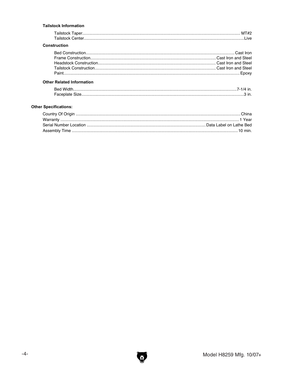 Grizzly 10" x 18" benchtop lathe H8259 User Manual | Page 6 / 36