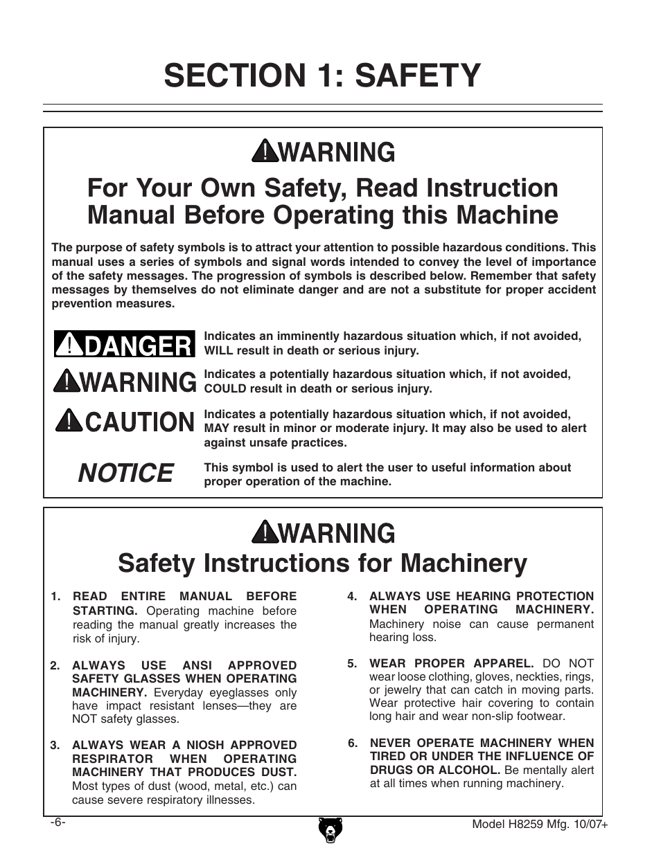 Notice safety instructions for machinery | Grizzly 10" x 18" benchtop lathe H8259 User Manual | Page 8 / 36