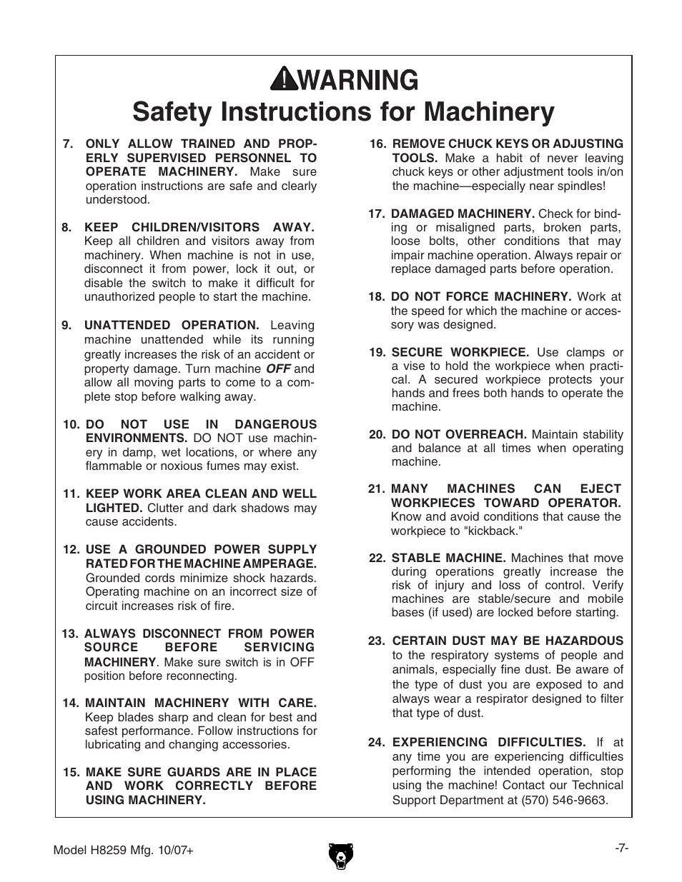 Safety instructions for machinery | Grizzly 10" x 18" benchtop lathe H8259 User Manual | Page 9 / 36