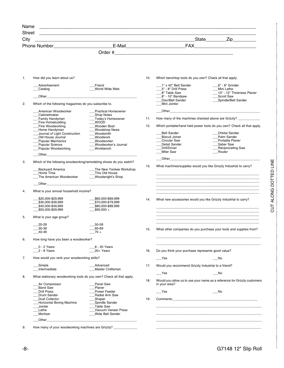 Warranty card, Cut along dotted line | Grizzly 12" Slip Roll G7148 User Manual | Page 10 / 12