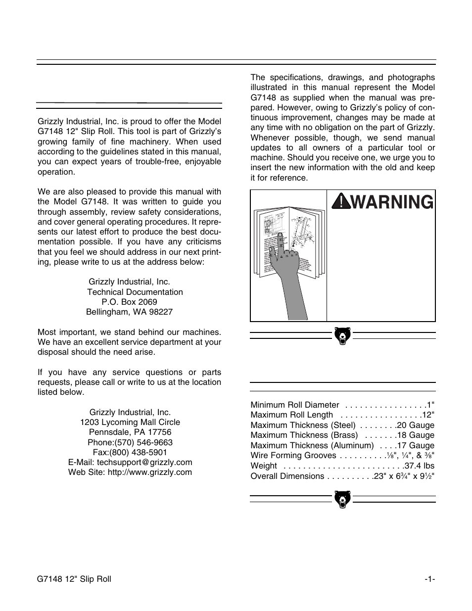 General information, Commentary specifications | Grizzly 12" Slip Roll G7148 User Manual | Page 3 / 12