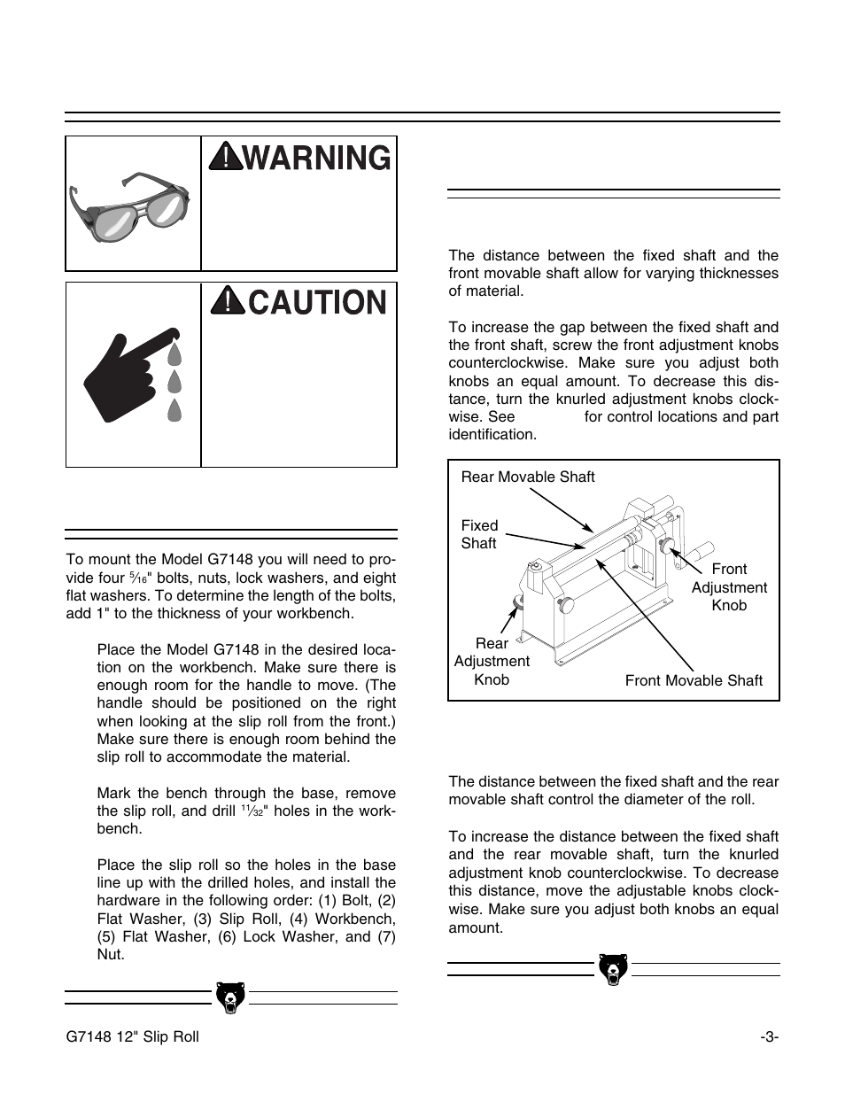 Mounting & adjustments, Mounting slip roll, Adjusting | Grizzly 12" Slip Roll G7148 User Manual | Page 5 / 12