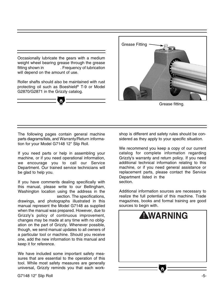 Closure, Maintenance, Lubrication | Grizzly 12" Slip Roll G7148 User Manual | Page 7 / 12