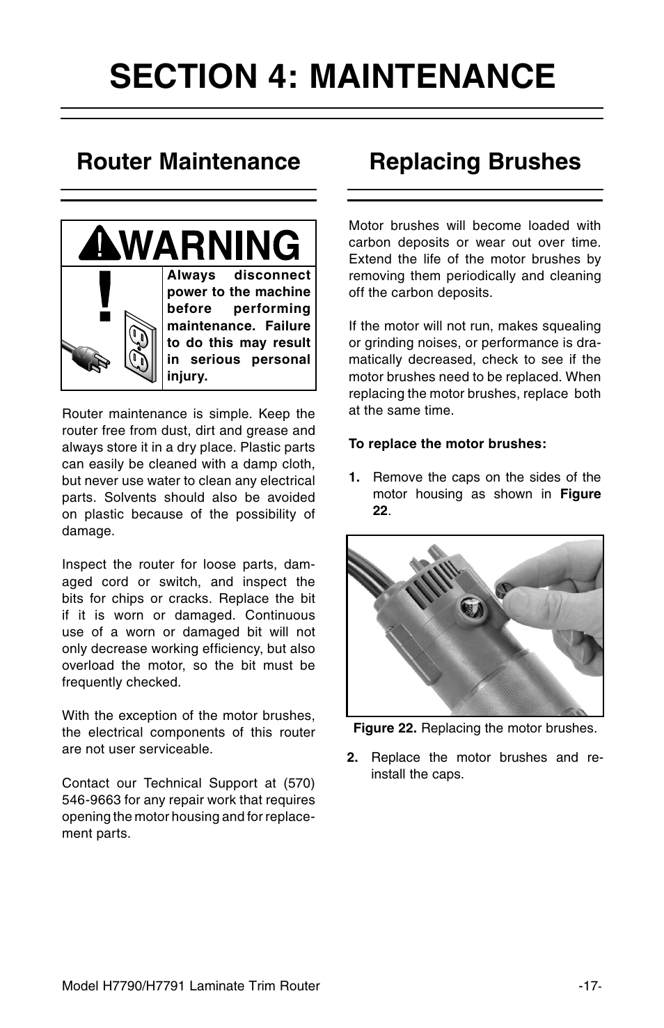 Router maintenance, Replacing brushes | Grizzly H7790 User Manual | Page 19 / 24
