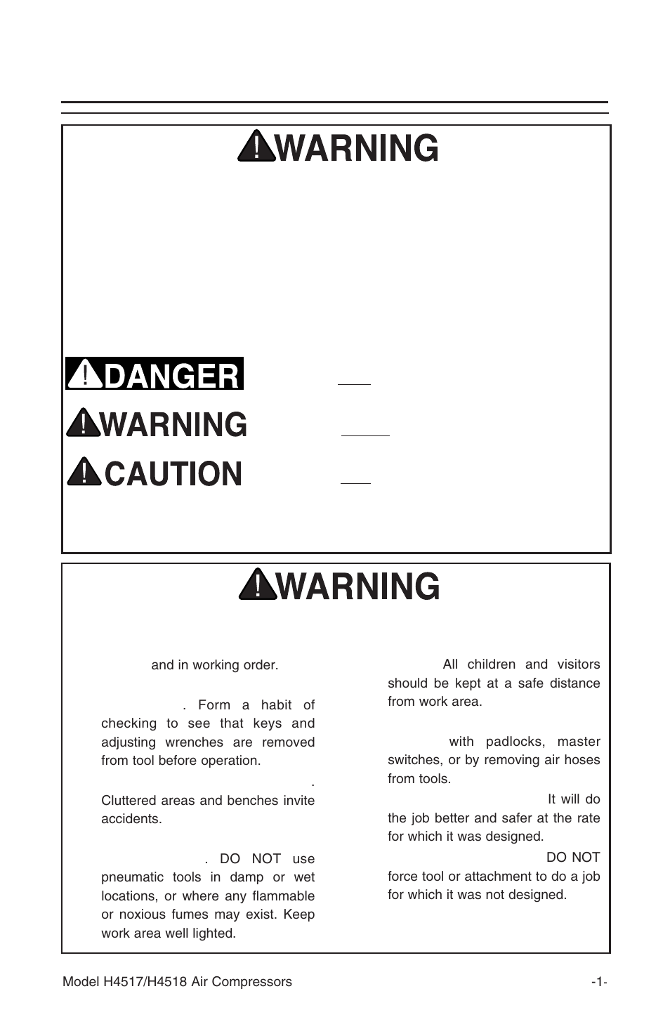 Safety, Notice, Safety instructions for pneumatic tools | Grizzly H4517/H4518 User Manual | Page 3 / 28