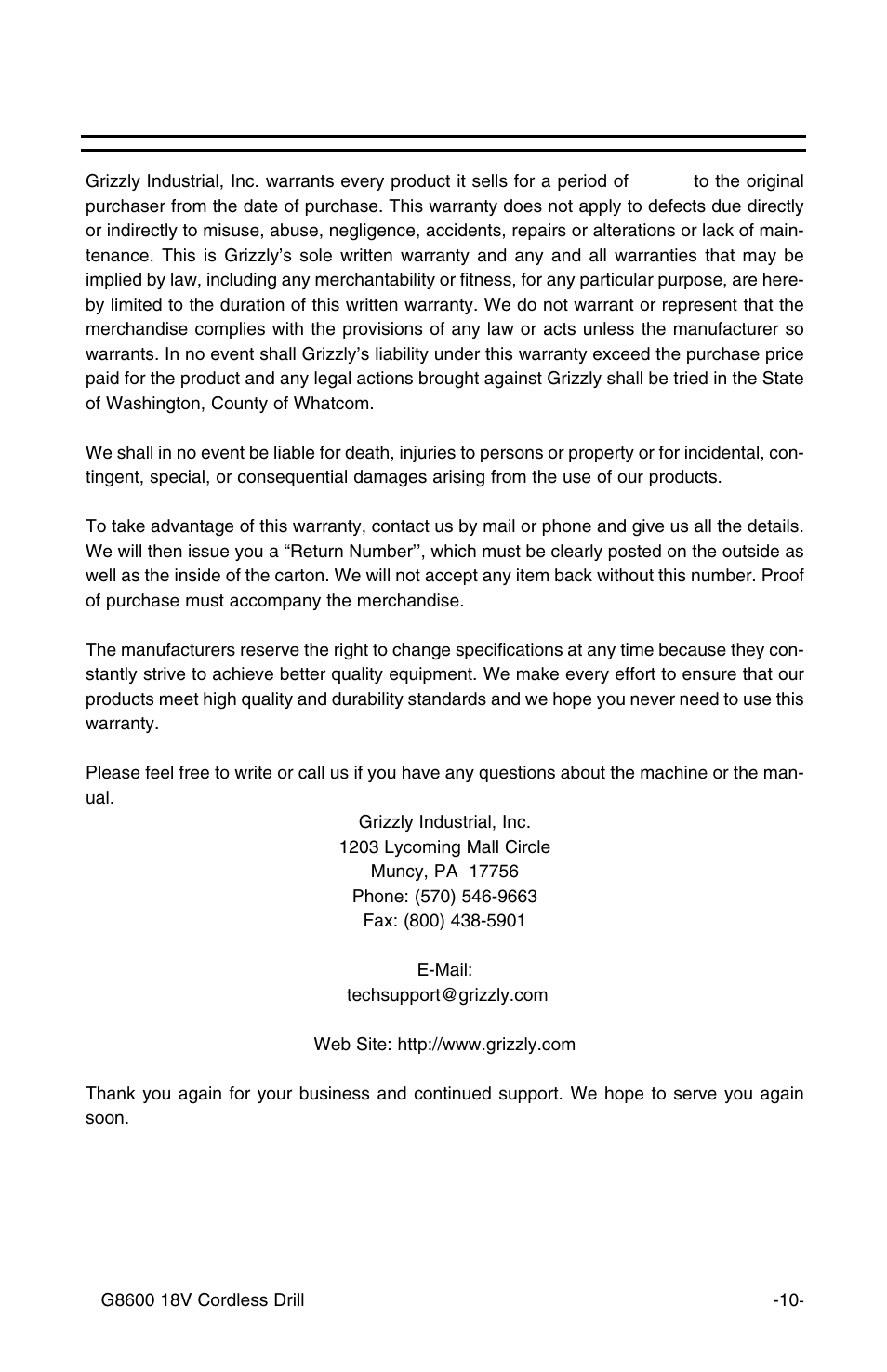 Warranty and returns | Grizzly G8600 User Manual | Page 10 / 13