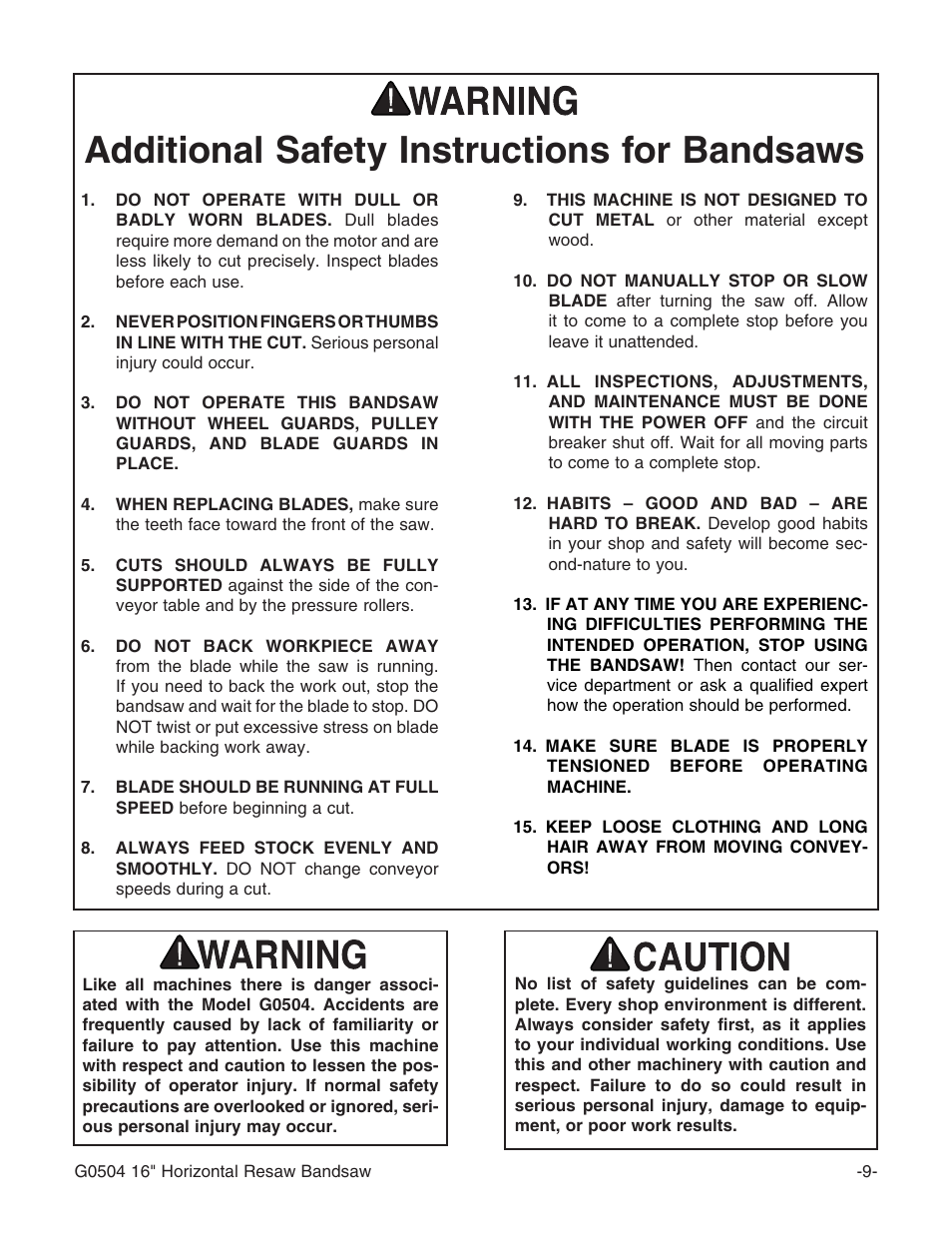 Additional safety instructions for bandsaws | Grizzly G0504 User Manual | Page 11 / 72