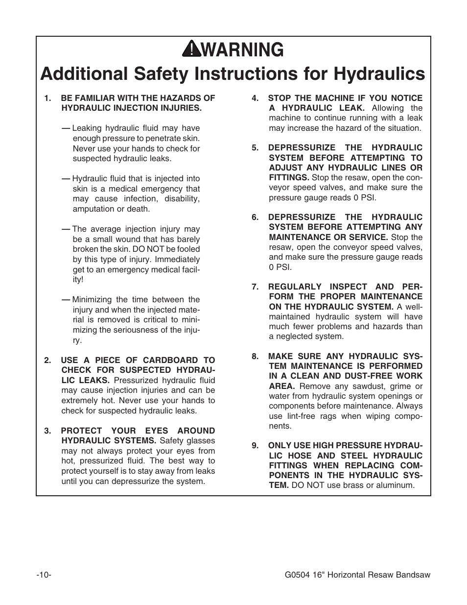 Additional safety instructions for hydraulics | Grizzly G0504 User Manual | Page 12 / 72