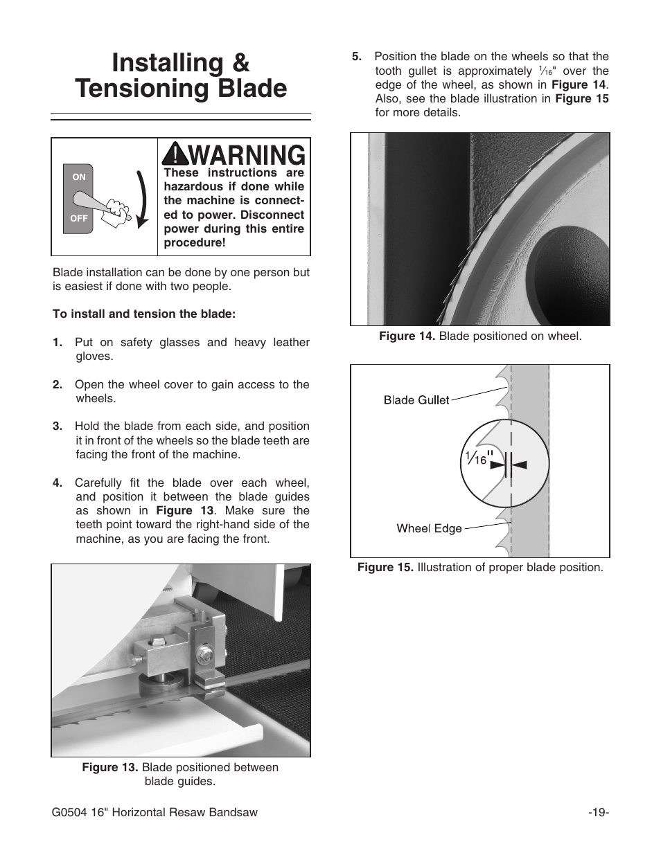 Installing & tensioning blade | Grizzly G0504 User Manual | Page 21 / 72