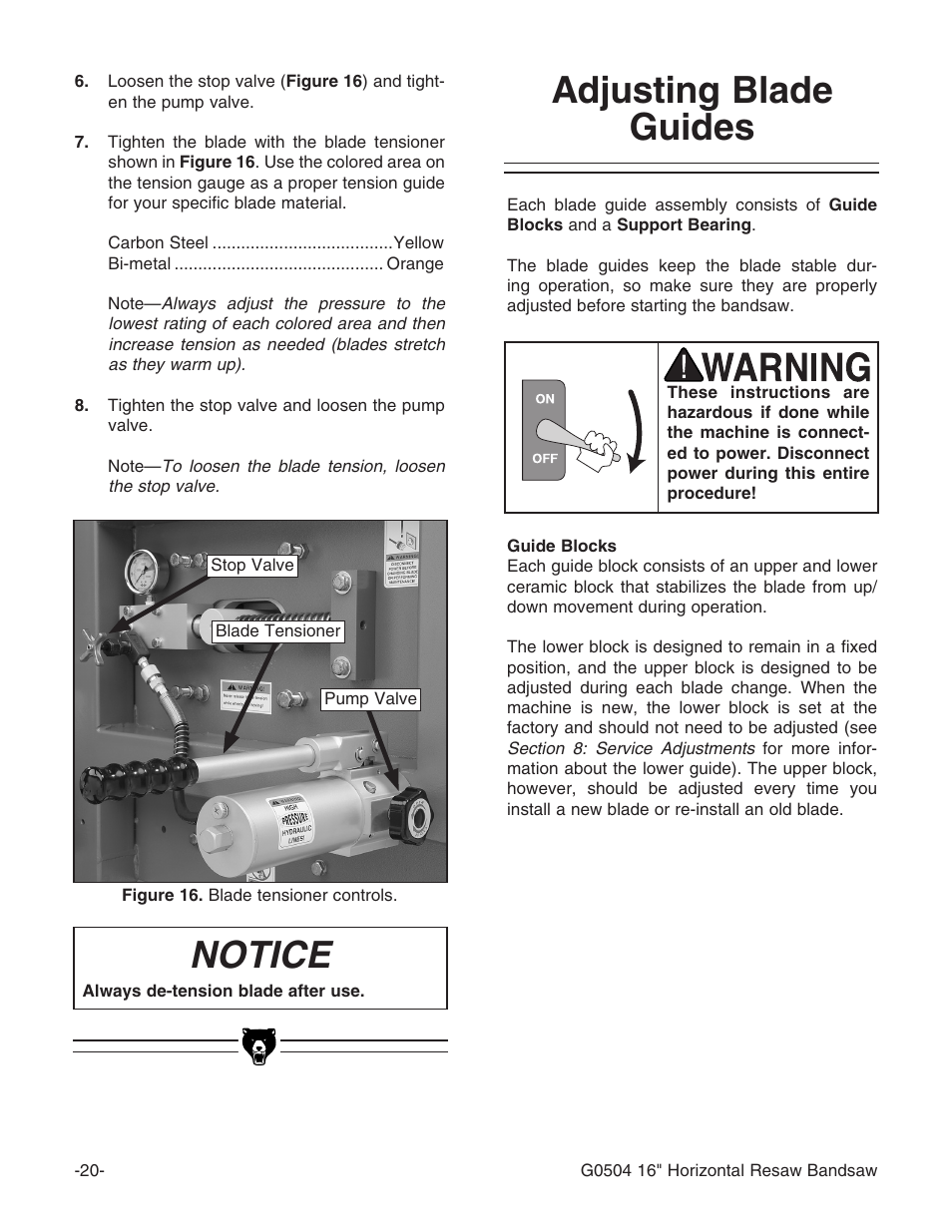 Notice, Adjusting blade guides | Grizzly G0504 User Manual | Page 22 / 72