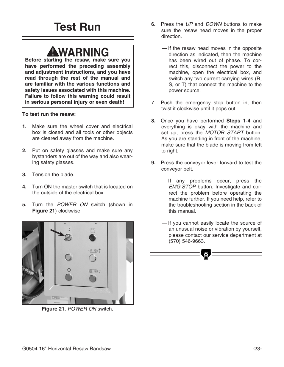 Test run | Grizzly G0504 User Manual | Page 25 / 72