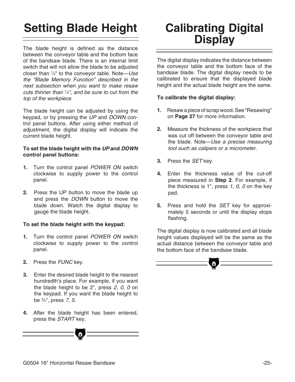 Setting blade height, Calibrating digital display | Grizzly G0504 User Manual | Page 27 / 72