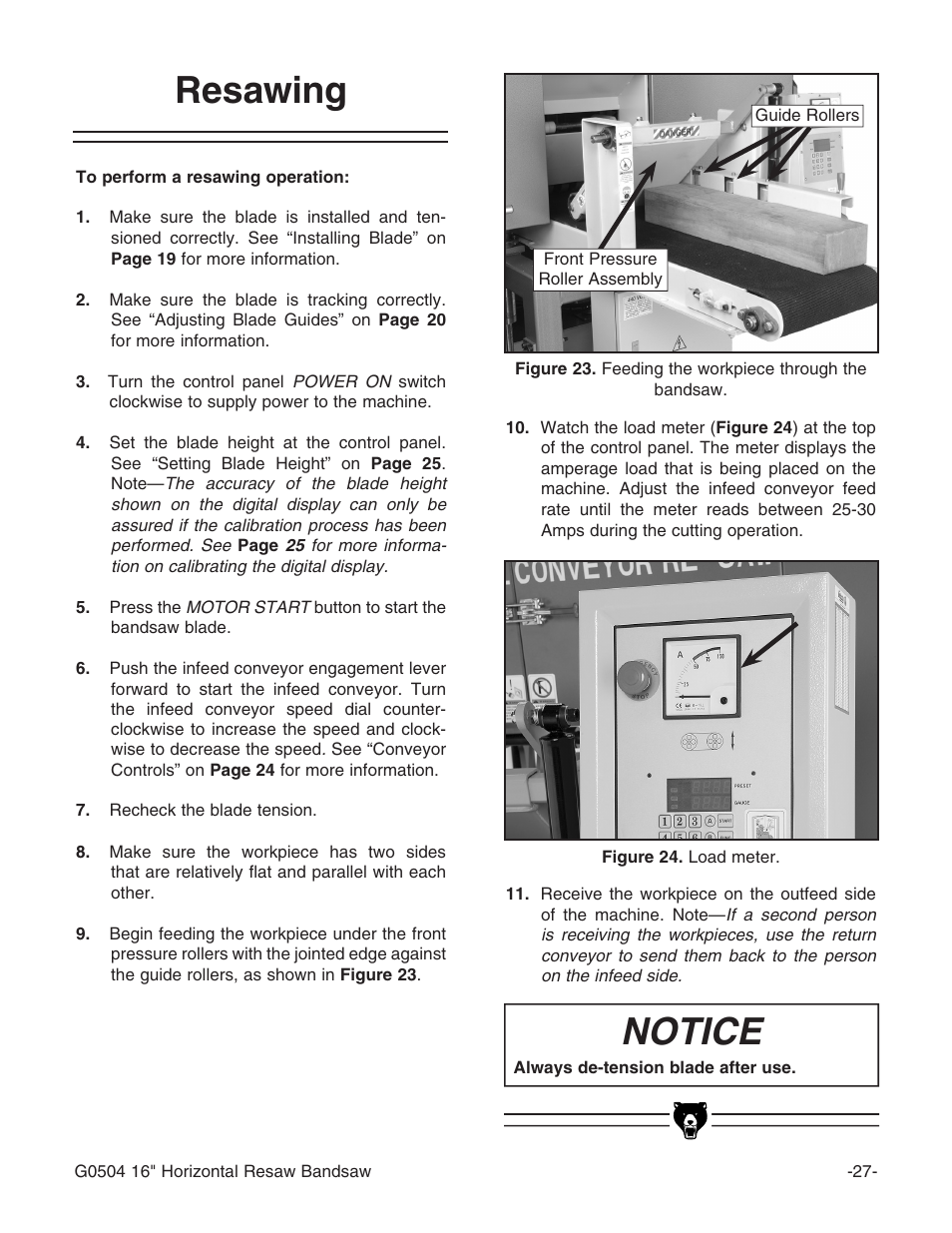 Resawing, Notice | Grizzly G0504 User Manual | Page 29 / 72