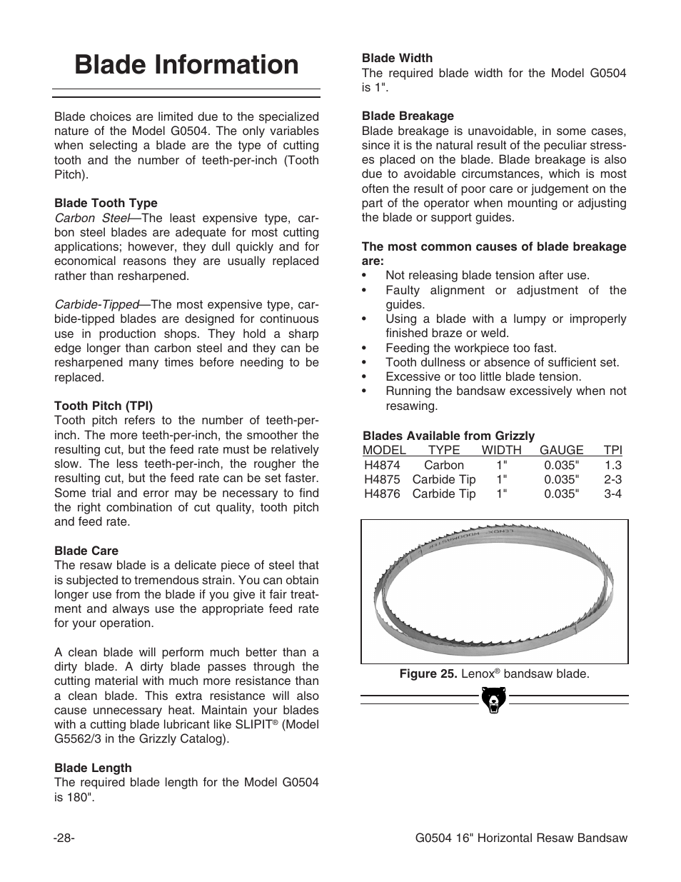 Blade information | Grizzly G0504 User Manual | Page 30 / 72