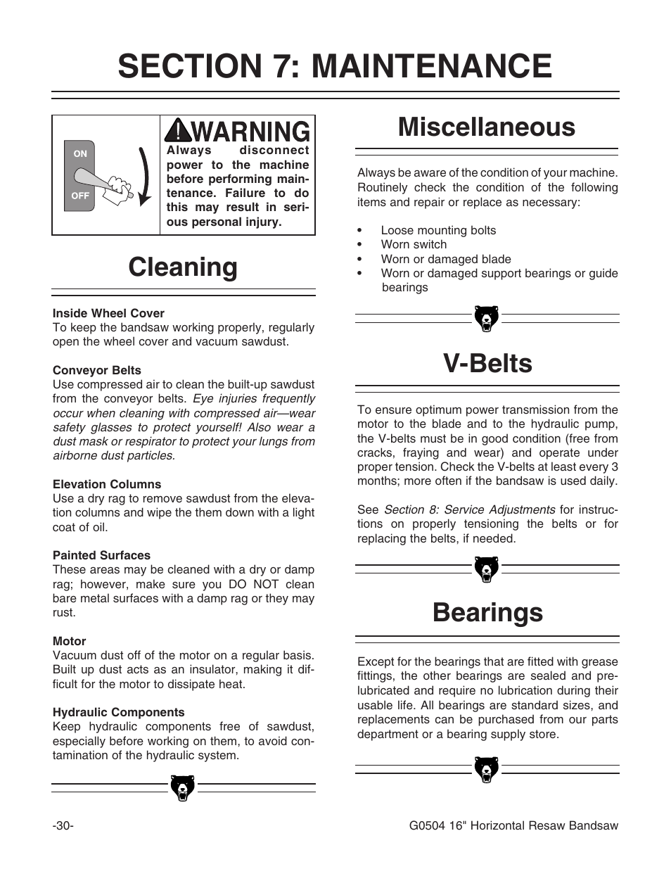 Bearings v-belts miscellaneous cleaning | Grizzly G0504 User Manual | Page 32 / 72