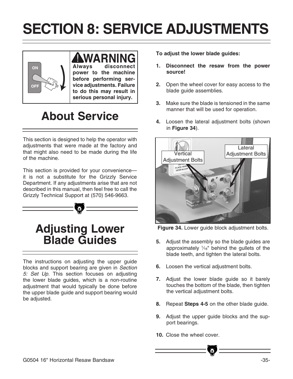 Adjusting lower blade guides about service | Grizzly G0504 User Manual | Page 37 / 72