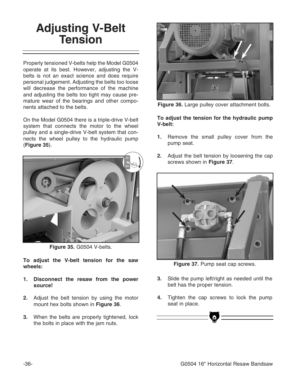 Adjusting v-belt tension | Grizzly G0504 User Manual | Page 38 / 72