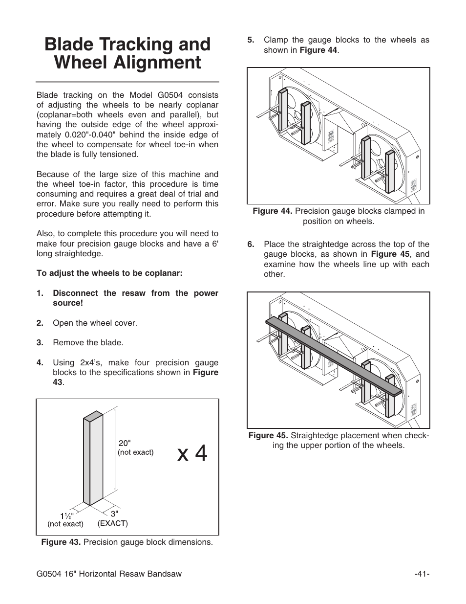 Blade tracking and wheel alignment | Grizzly G0504 User Manual | Page 43 / 72