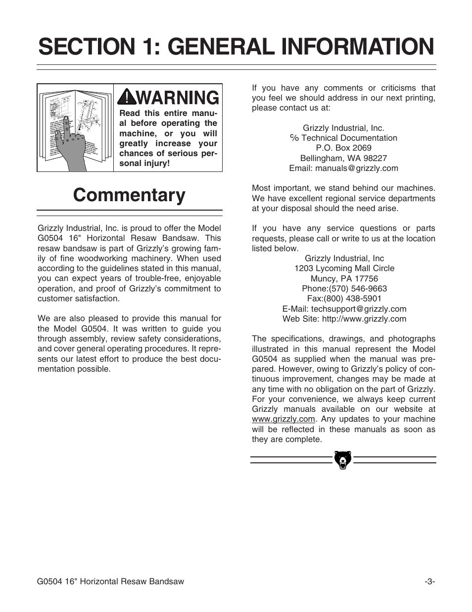 Commentary | Grizzly G0504 User Manual | Page 5 / 72