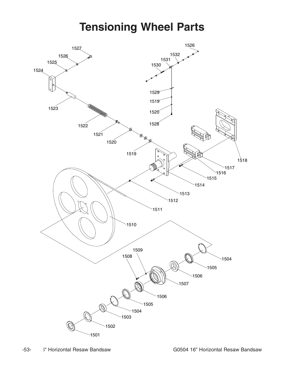 Tensioning wheel parts | Grizzly G0504 User Manual | Page 55 / 72