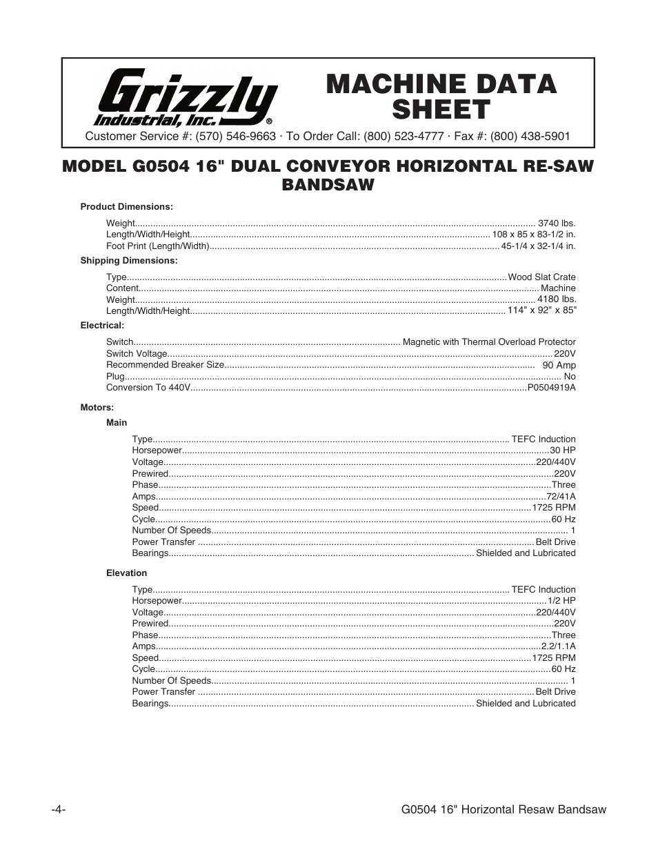 Machine data sheet | Grizzly G0504 User Manual | Page 6 / 72