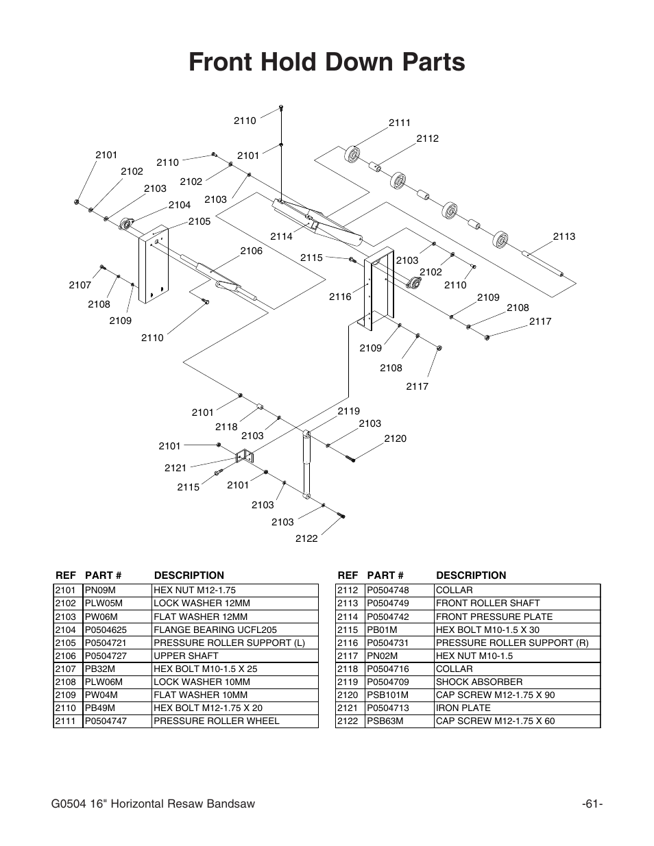 Front hold down parts | Grizzly G0504 User Manual | Page 63 / 72