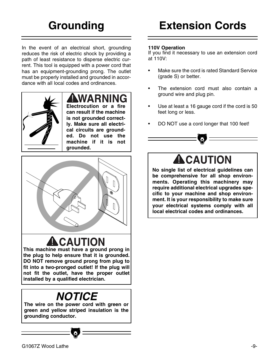 Extension cords, Notice, Grounding | Grizzly G1067Z User Manual | Page 11 / 31