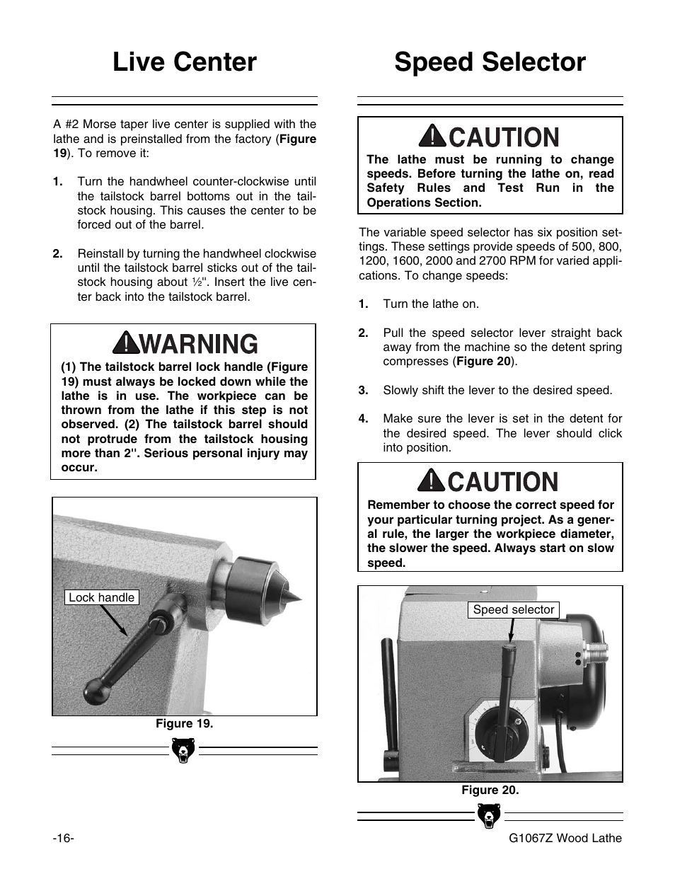 Speed selector, Live center | Grizzly G1067Z User Manual | Page 18 / 31