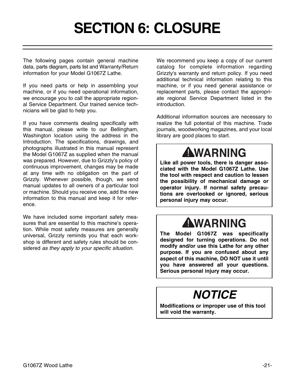Notice | Grizzly G1067Z User Manual | Page 23 / 31