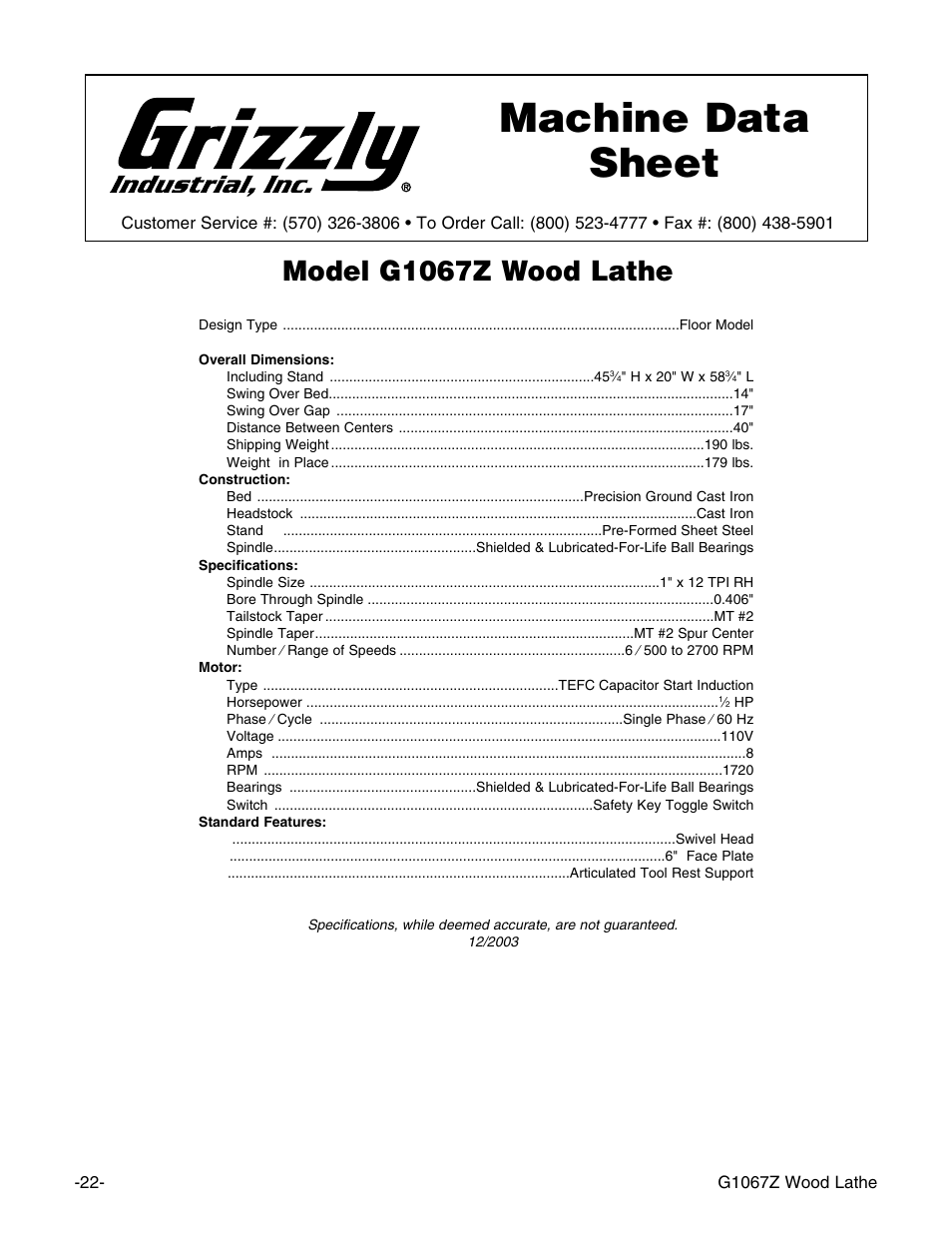 Machine data sheet, Model g1067z wood lathe | Grizzly G1067Z User Manual | Page 24 / 31