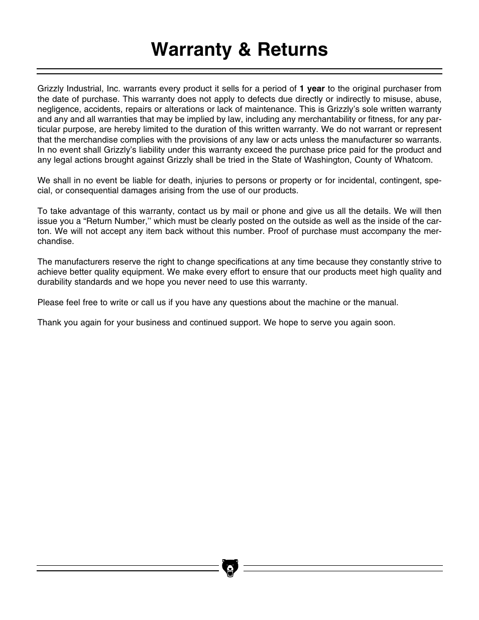Warranty & returns | Grizzly G1067Z User Manual | Page 28 / 31