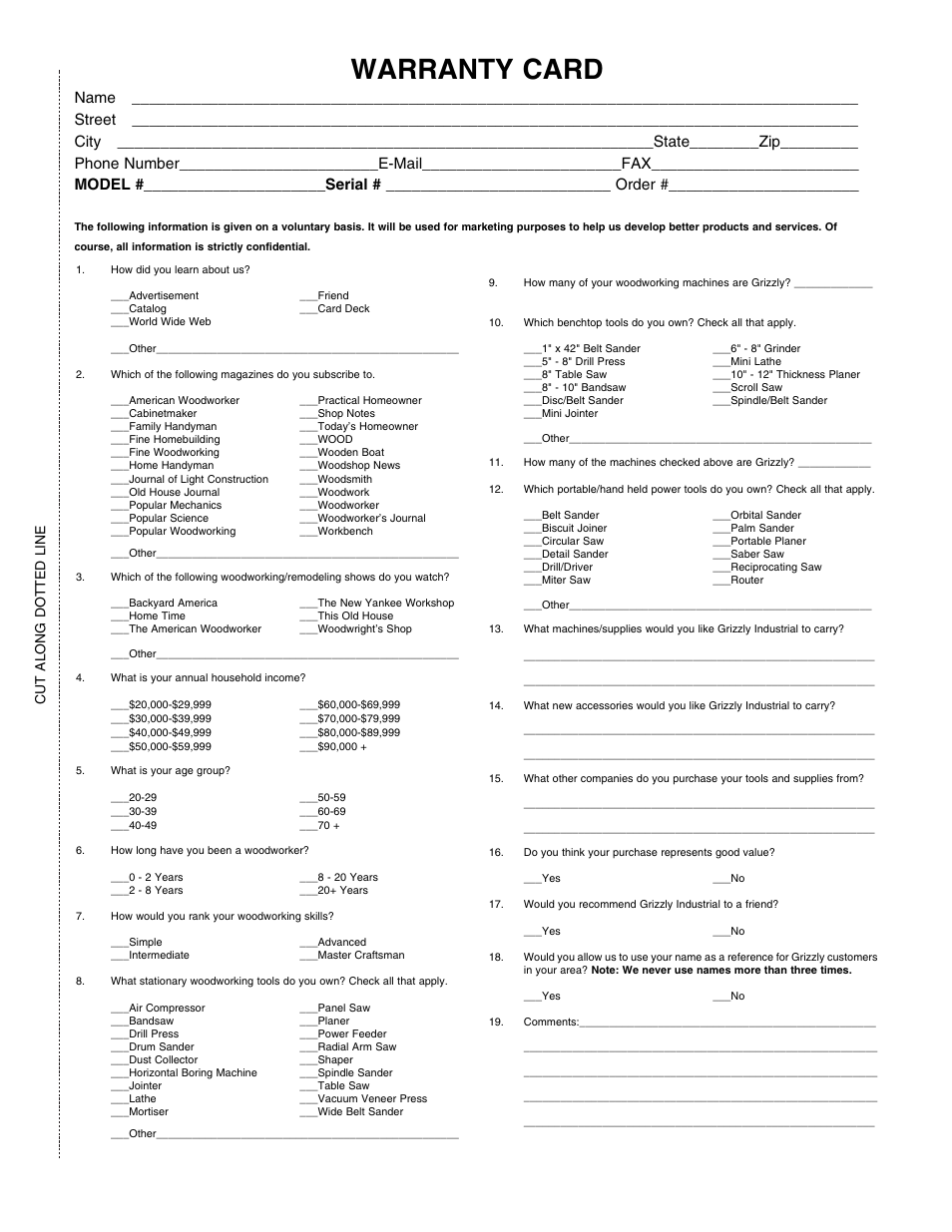 Warranty card, Cut along dotted line | Grizzly G1067Z User Manual | Page 29 / 31