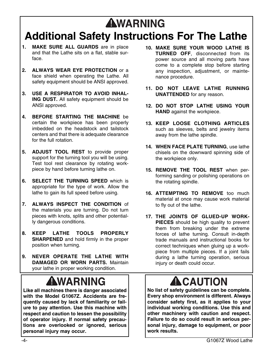 Additional safety instructions for the lathe | Grizzly G1067Z User Manual | Page 6 / 31